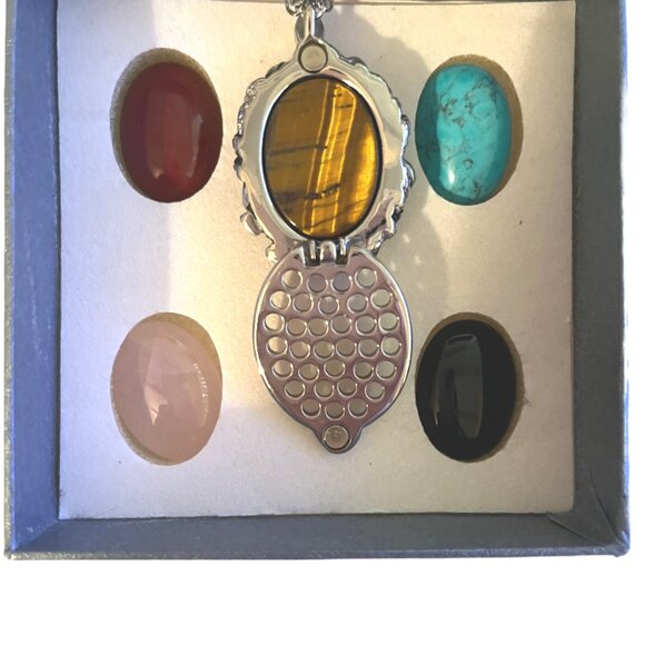 Silver Tone Necklace with Five Interchangeable Cabochon Gemsones New In Box - Picture 8 of 8